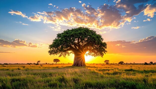 Majestic baobab tree silhouetted against a radiant sunset sky, African savanna