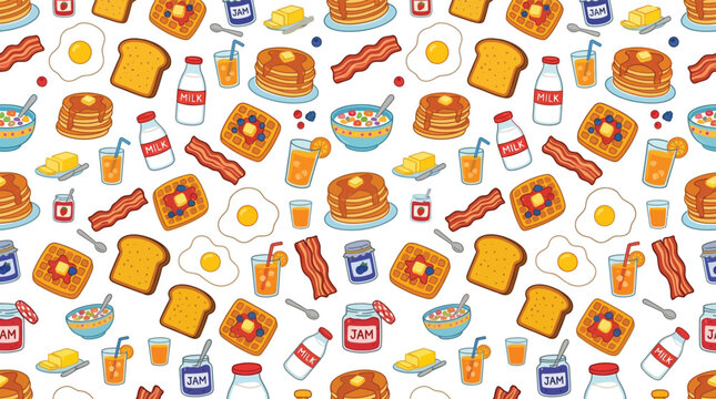 Seamless pattern with delicious breakfast items pancakes waffles bacon and fried eggs food.