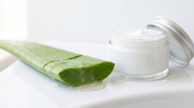 A fresh aloe vera leaf with gel oozing out is placed next to an open jar of creamy skincare product on a white surface.