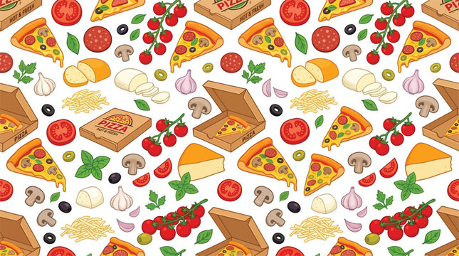 Pizza seamless pattern with slice pepperoni mushrooms tomatoes basil and cheese box icons.
