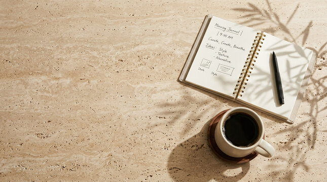 Top down view of minimalist beige workspace with copy space