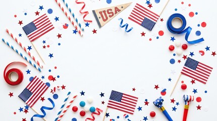 Obraz premium A festive flat lay featuring USA flags, stars, confetti, and red, white, and blue party decorations arranged around a blank center space.