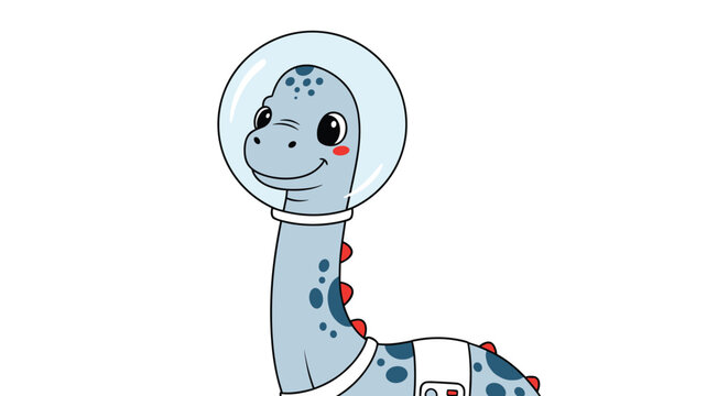Cute cartoon brontosaurus dinosaur wearing an astronaut space helmet and suit isolated on a white background.