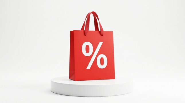 A red shopping bag with a white percentage symbol sits on a white circular platform against a plain background.