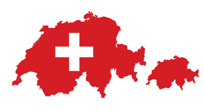 A red map silhouette featuring a white cross symbol on a plain background