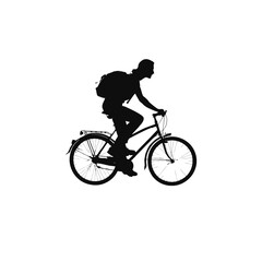 Fototapeta premium Bicyclist silhouette rides a city bike while wearing a backpack on a bright white background.