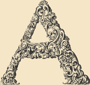 Ornate decorative letter A in stipple engraving style	