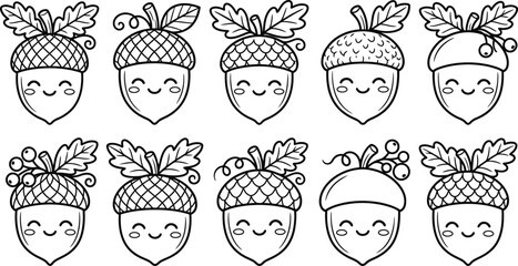 Cute acorn characters set kawaii style black and white vector illustration © Tasneem