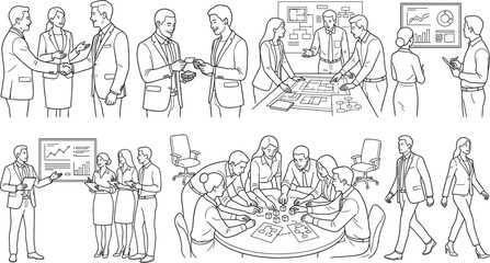 Obraz premium Business Team Collaboration Line Art Vector Set Featuring Meetings Presentations Negotiation Strategy and Corporate Communication