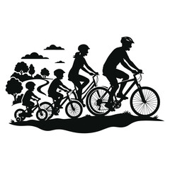 Family rides bicycles together along a scenic path in a peaceful outdoor recreational environment.