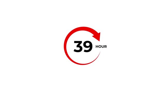 Featuring a circular red arrow and black dots, with the number 39 and the word hours in black text on a white background indicating time