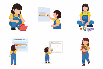 Fototapeta premium Financial Literacy for Kids Illustration Set with Little Girl Saving Money in Piggy Bank and Tracking Savings Progress
