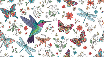 Fototapeta premium Seamless pattern featuring a vibrant hummingbird, colorful butterflies, dragonflies, and delicate floral doodles on a white background.
