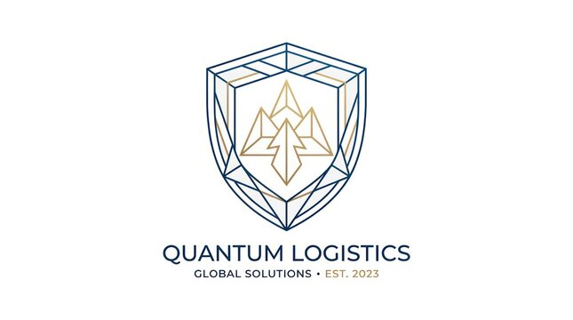 Quantum logistics global solutions est 2023 logo, modern geometric shield design blue gold colors.