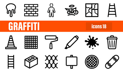 Set of 18 Urban Graffiti and Street Art Outline Icons © liubomir118809