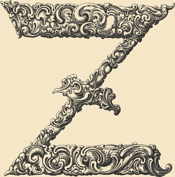 Ornate decorative letter Z in stipple engraving style	
