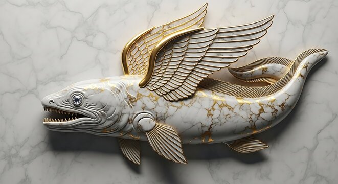 Winged marble fish sculpture with gold accents on gray background