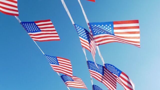 American Flags Flapping In The Sunlight