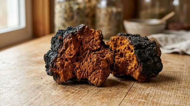 Natural chaga mushroom from birch tree used for healing properties in folk medicine.