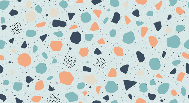 Modern terrazzo seamless pattern with colorful stone fragments in peach, blue, and black on a light speckled background.