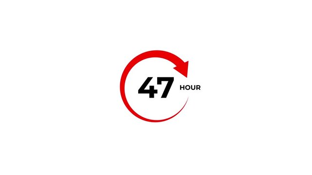 Featuring a circular red arrow and black dots, with the number 47 and the word hours in black text on a white background indicating time