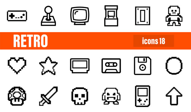 Set of 18 Retro Gaming and 8-bit Icons