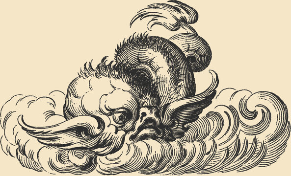 Vintage stipple engraving of a mythical dragon in swirling clouds	