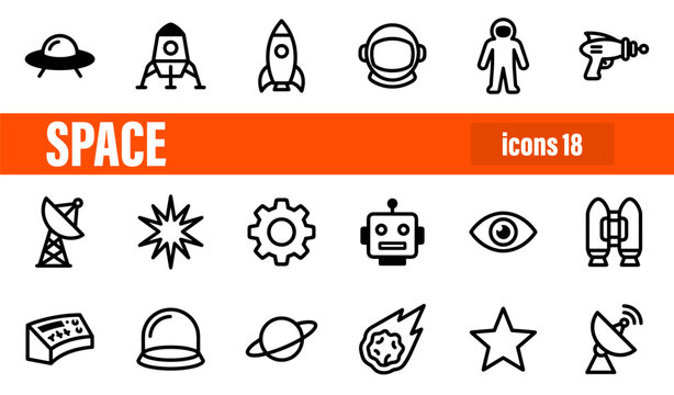 Set of 18 Futuristic Space and Robot Line Icons