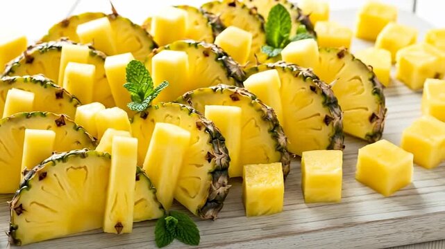 Vibrant display of fresh pineapple slices with mint leaves.