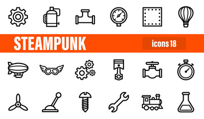 Set of 18 Steampunk and Mechanical Line Icons © liubomir118809
