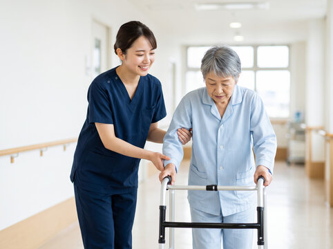 介護施設や病院の廊下で歩行器の練習をする高齢女性を優しくサポートする看護師の女性