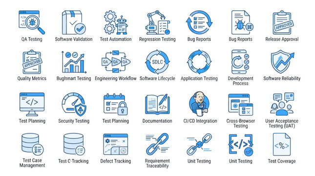 Blue software testing and test automation icon pack.