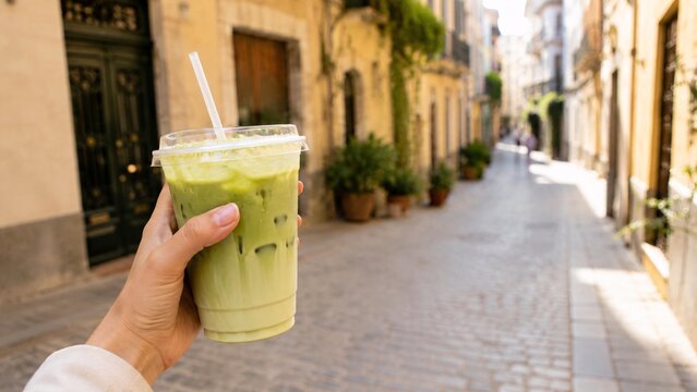 Hand holding a plastic cup of iced matcha green tea latte walking down a sunny old town street