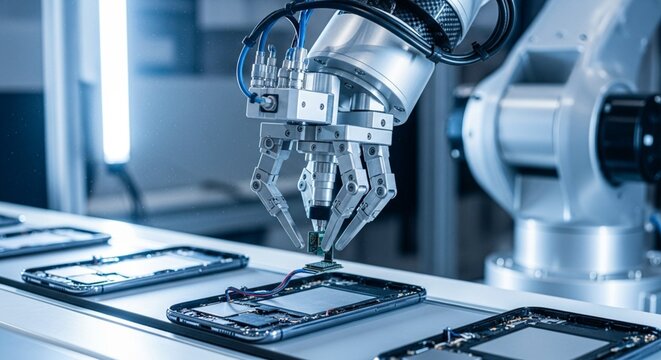 Robotic arm assembling smartphones on production line, automation technology