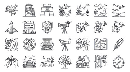 Obraz premium Birdwatching and nature observation wildlife line icon set.