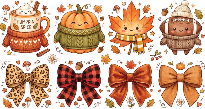 Cute autumn collection featuring cartoon pumpkin coffee mug maple leaf and football characters with decorative seasonal bows for fall themed scrapbooking and design