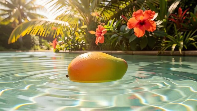 Ripe mango floating in tropical pool surrounded by lush foliage