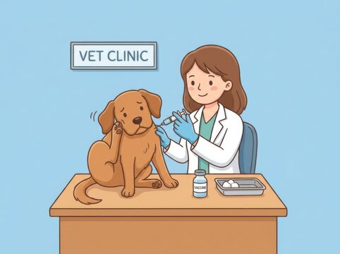 Cartoon illustration of a veterinarian giving a vaccine injection to a cute brown dog at a vet clinic