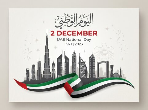 Uae national day 2 december 1971 2023 celebration background with dubai skyline silhouette and waving national flag ribbon isolated on white background