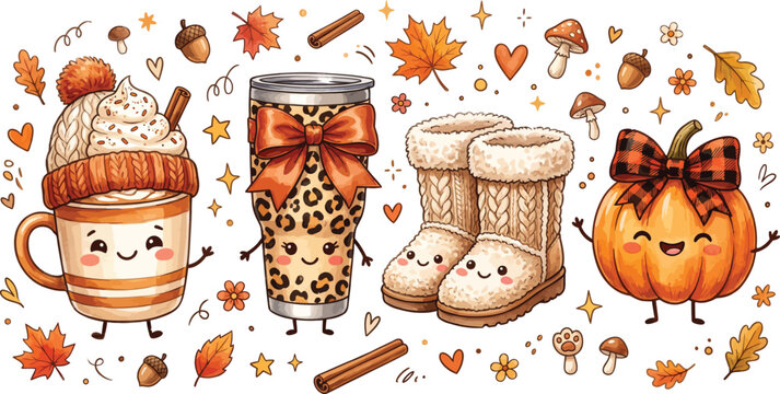 Cute watercolor autumn collection featuring a smiling coffee mug leopard print tumbler cozy winter boots and a happy pumpkin surrounded by fall leaves