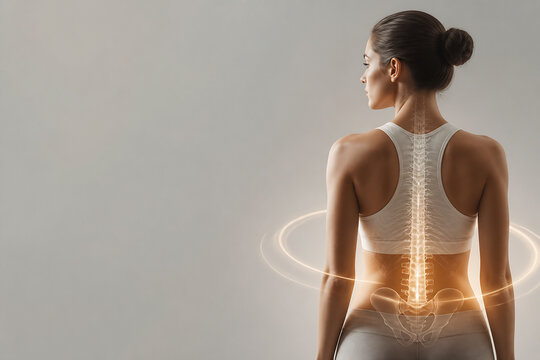 A woman is shown from the back, highlighting her spine and musculature against a plain background.