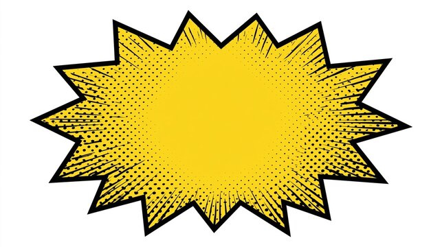 Yellow starburst speech bubble with comic style halftone dots and lines.