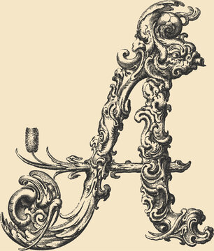 Ornate decorative letter A in stipple engraving style	