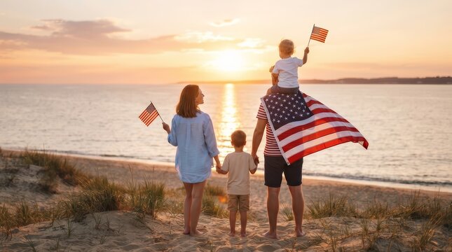 A family with children holding US flags together on a beach for the Fourth of July.