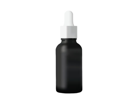 Black glass dropper bottle with white pipette cap isolated on transparent background.