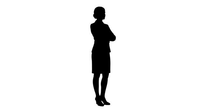 Businesswoman stands in a dark silhouette against a bright white background with folded arms.