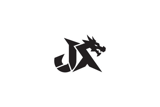 Modern black dragon incorporated into jx initials logo design
