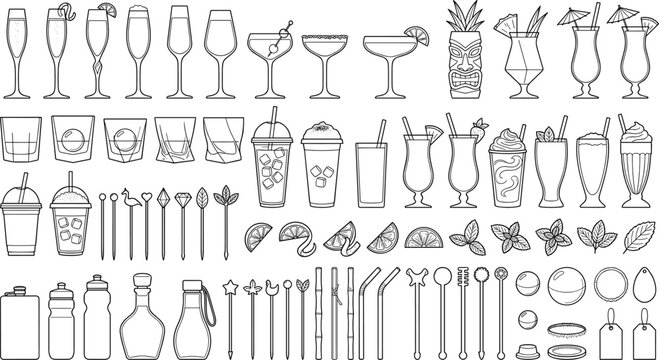Cocktail Glasses and Bar Accessories Line Art Vector Collection for Beverage and Drink Design