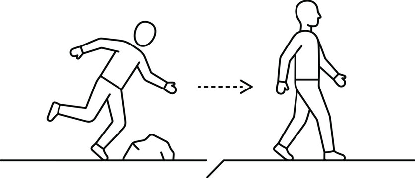 Personal growth and learning from mistakes concept vector icon showing man tripping over rock then walking smoothly forward