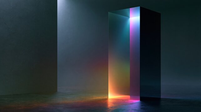 A futuristic glass monolith emits colorful neon light in a dark, minimalist room with reflective floors and textured walls.